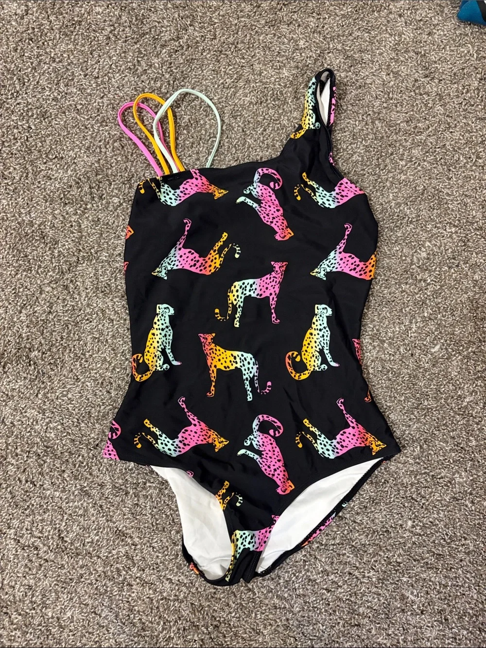 fabkids Black One-Piece Swimsuit with Rainbow Cheetah Print and Multi-Straps